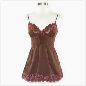 Sweetees Brown & Pink Embroidered Empire Pleated Waist Eyelet Cami Top Size 10